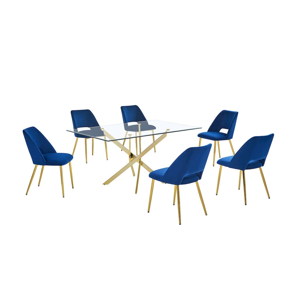 7pc dining Set- Rectangle – table with Navy Blue Velvet Chairs