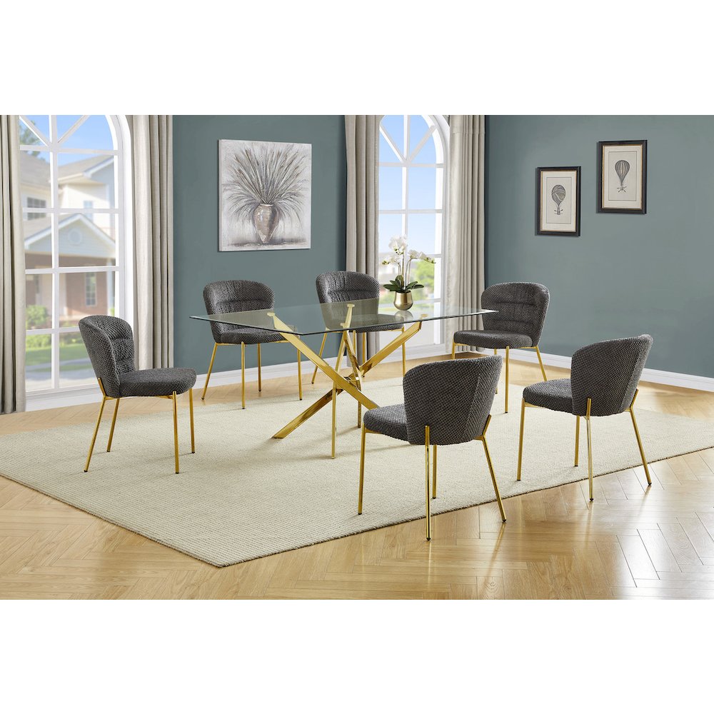 Rectangle Tempered Glass Dining Table With 6 Dark Grey Side Chairs