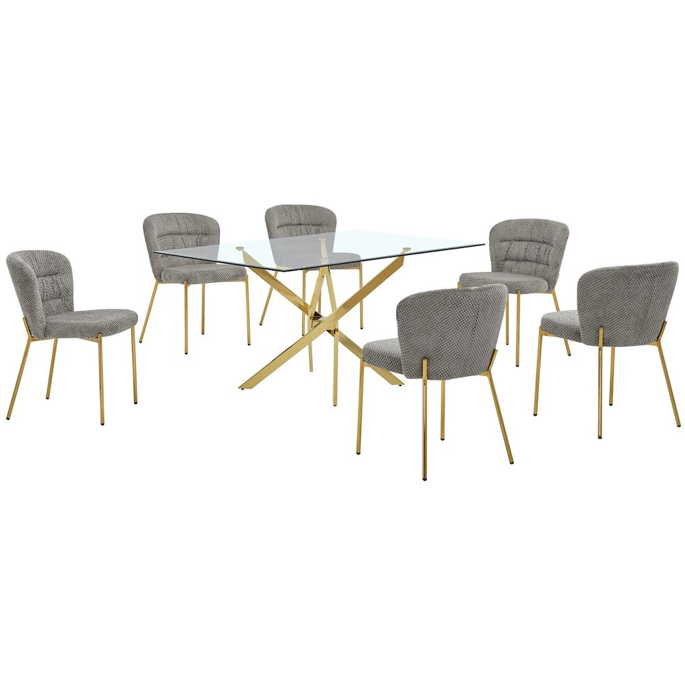 Rectangle Tempered Glass Dining Table With 6 Grey Side Chairs