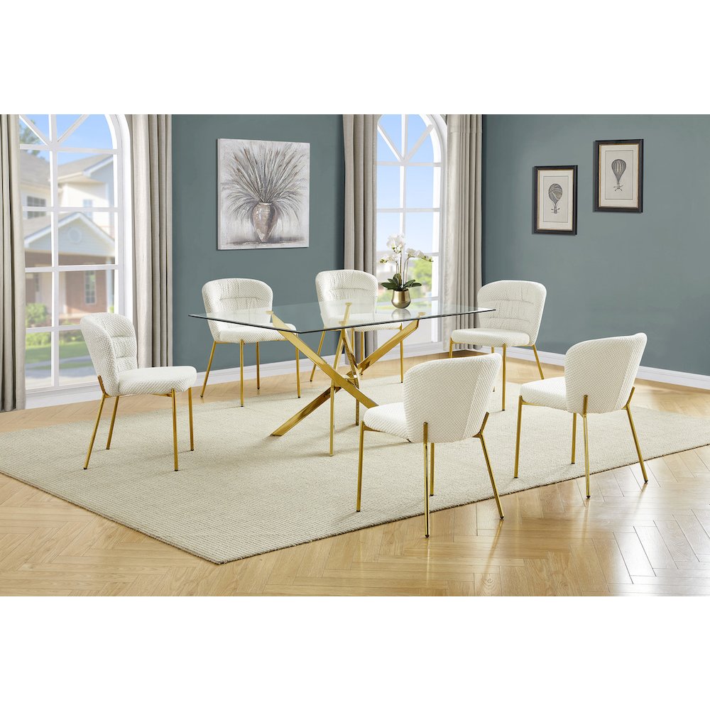Rectangle Tempered Glass Dining Table With 6 Cream Side Chairs