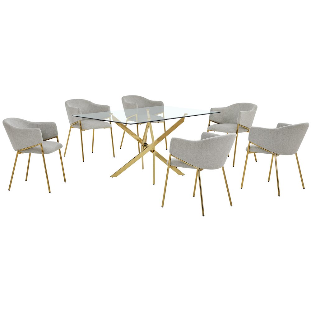 7Pc Rectangle Glass Dining Table With 6 Gray Side Chairs