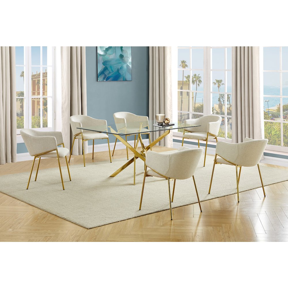 7Pc Rectangle Glass Dining Table With 6 Beige Side Chairs