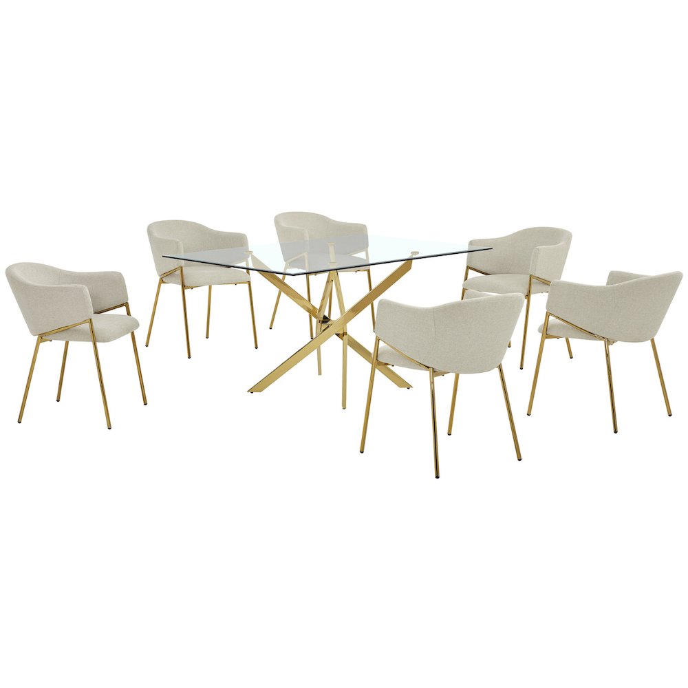 7Pc Rectangle Glass Dining Table With 6 Beige Side Chairs