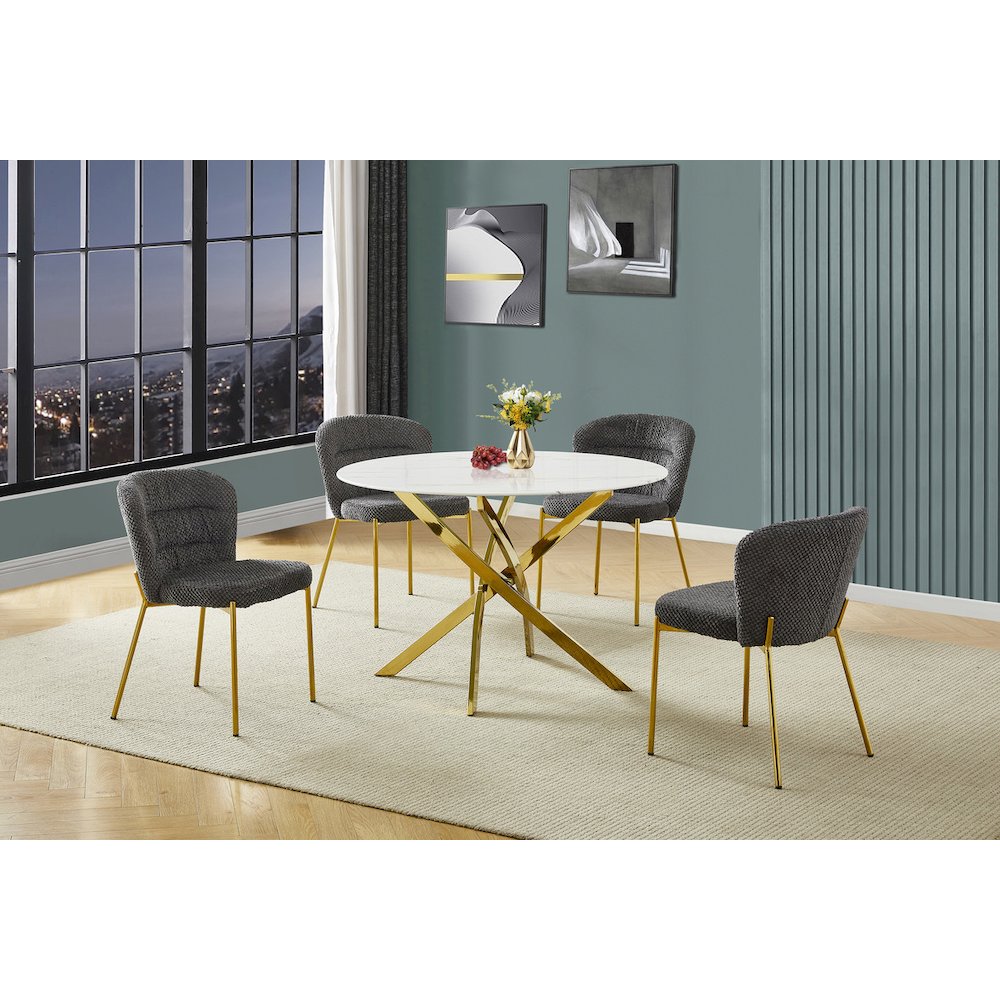 Round White Marble Wrap Glass Ding Table With 4 Dark Grey Side Chairs