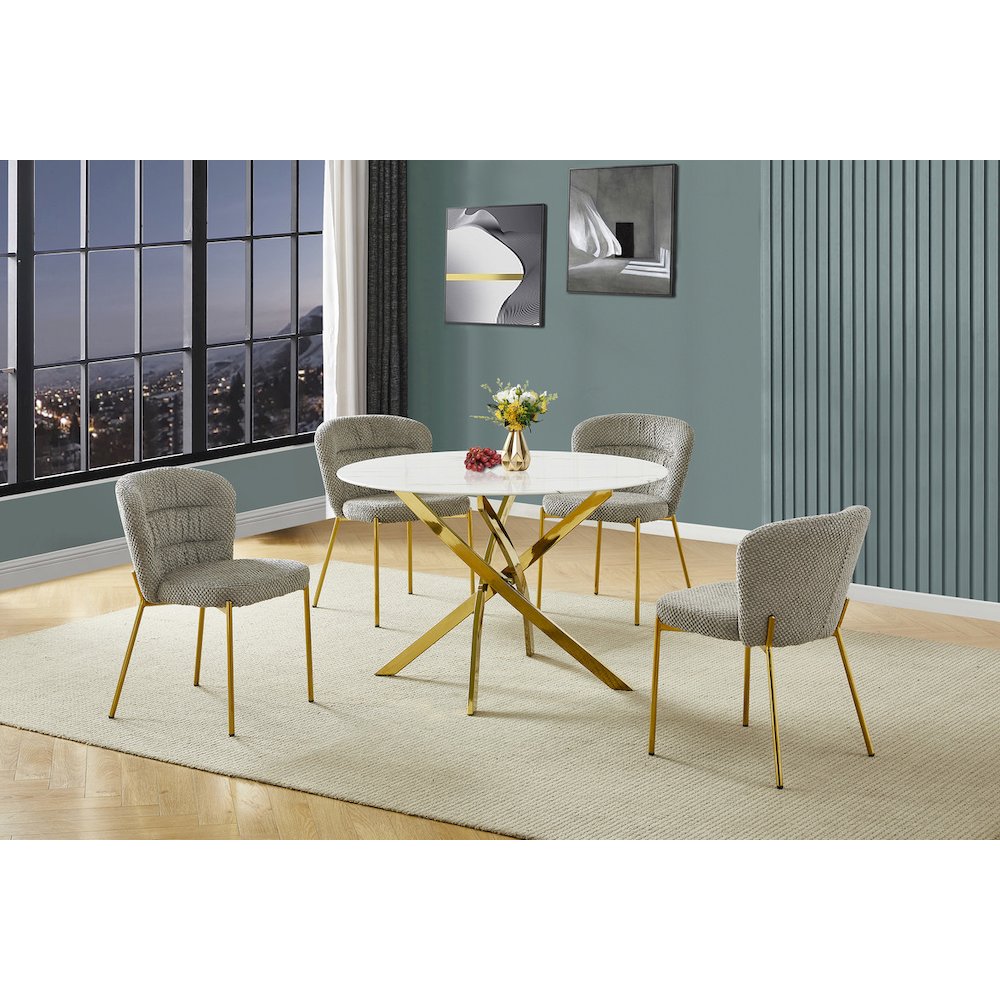 Round White Marble Wrap Glass Ding Table With 4 Grey Side Chairs