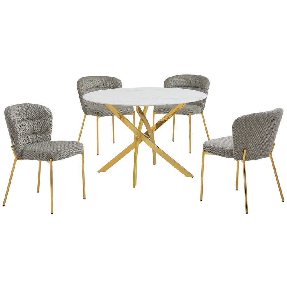 Round White Marble Wrap Glass Ding Table With 4 Grey Side Chairs