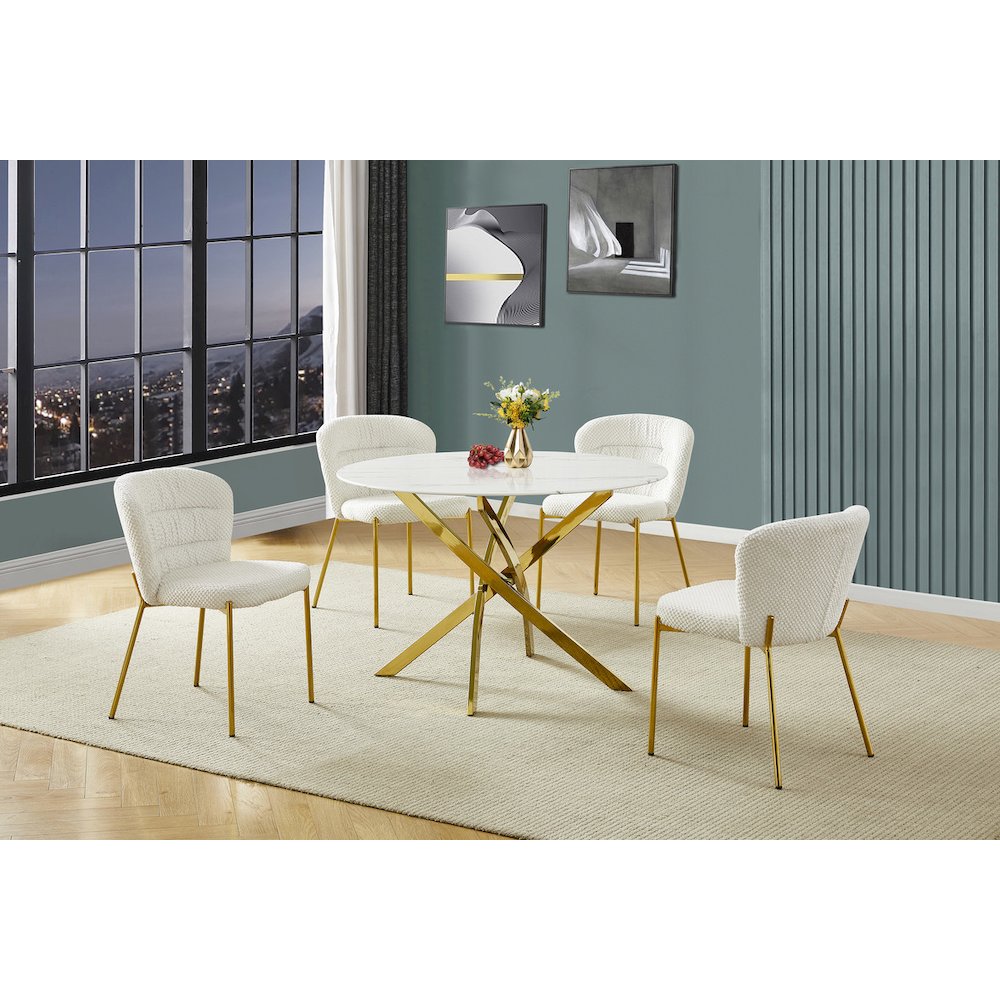 Round White Marble Wrap Glass Ding Table With 4 Cream Side Chairs