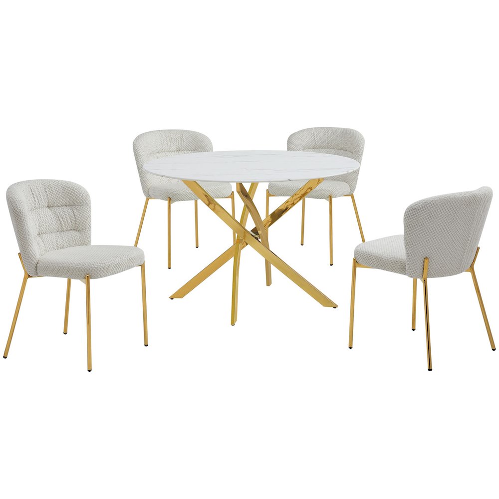Round White Marble Wrap Glass Ding Table With 4 Cream Side Chairs