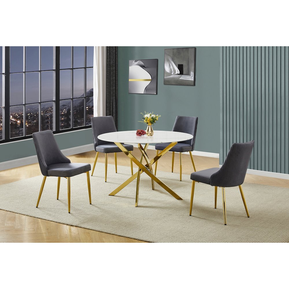5Pc Round Marble Wrap Tempered Glass Dining Set With 4 Dark Gray Side Chairs