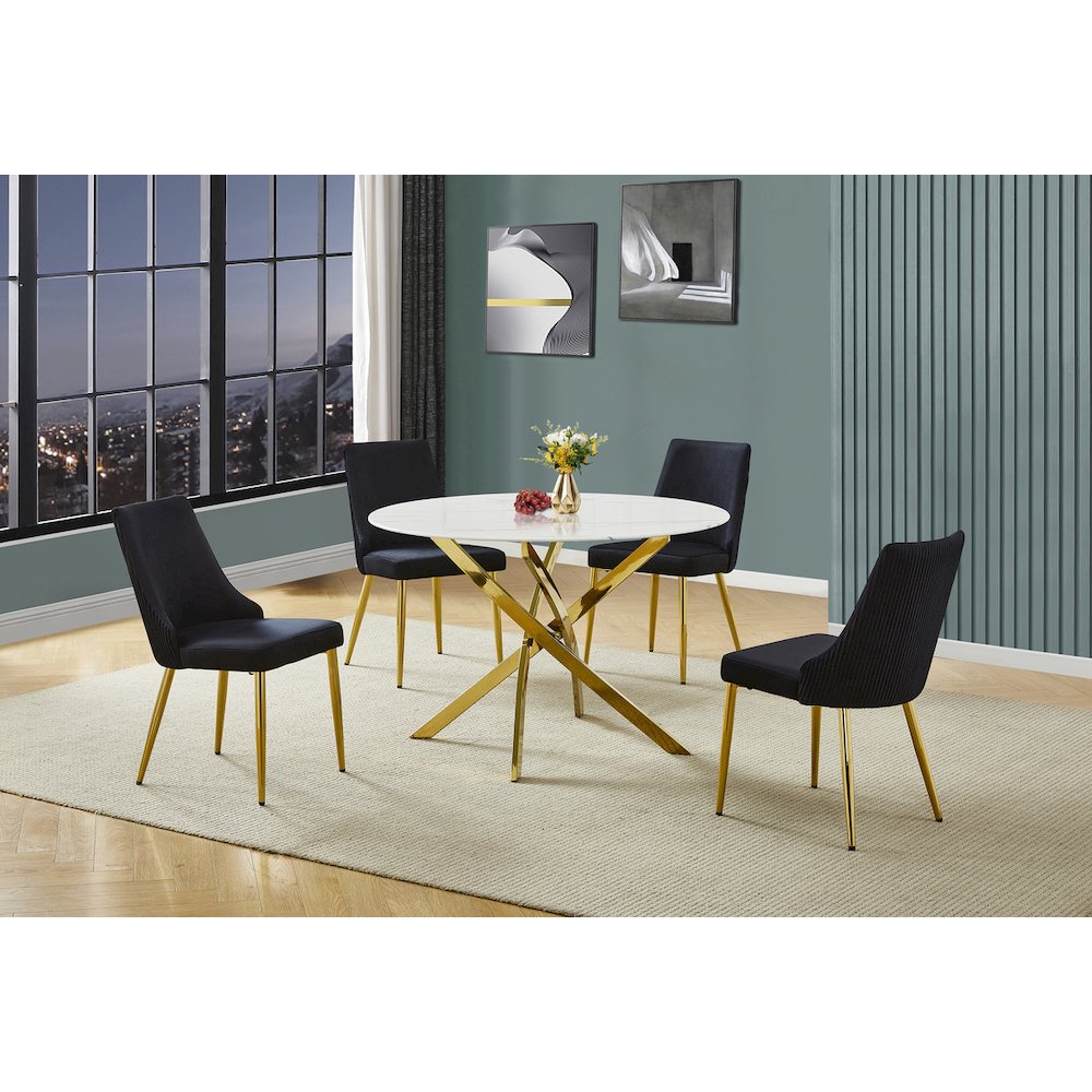 5Pc Round Marble Wrap Tempered Glass Dining Set With 4 Black Side Chairs