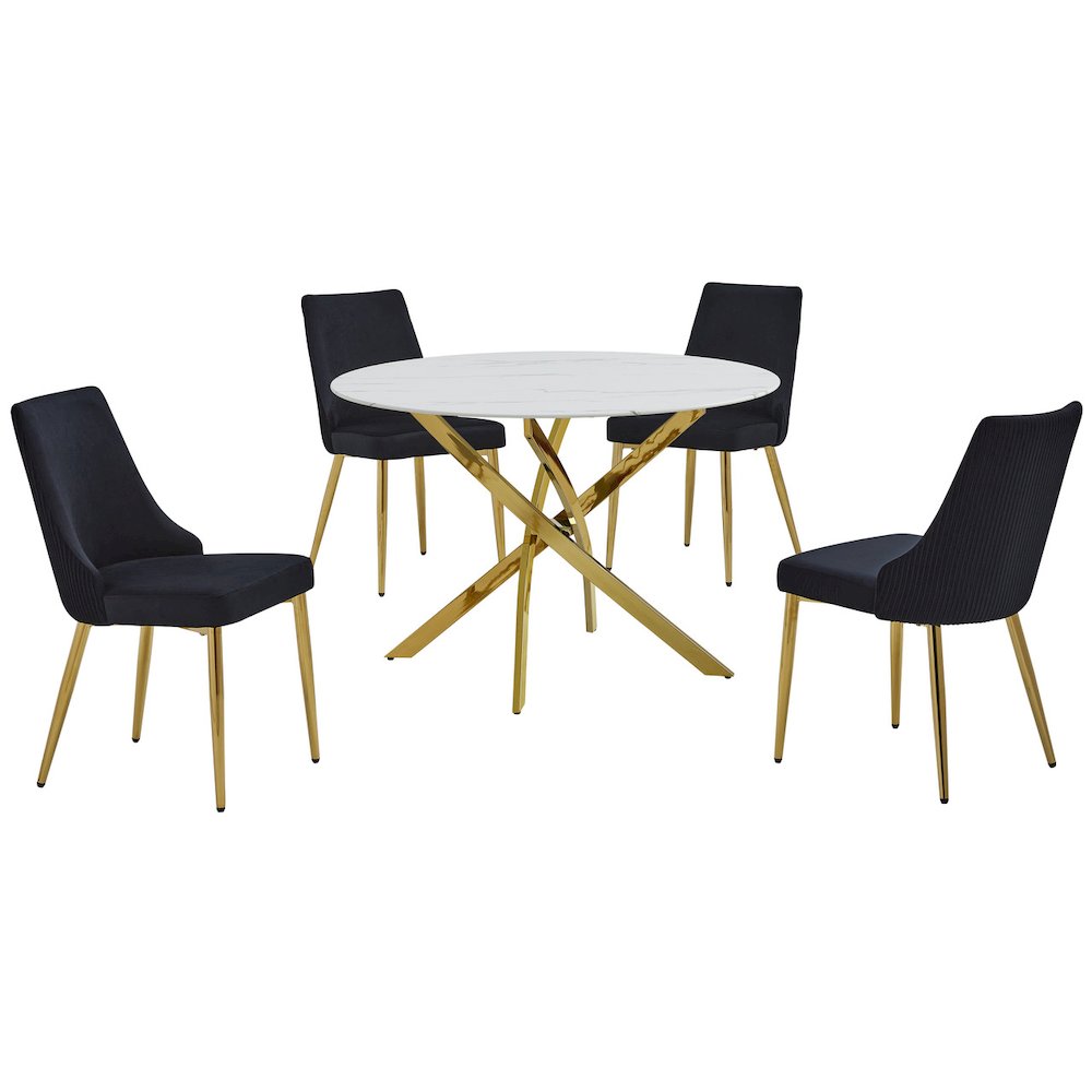 5Pc Round Marble Wrap Tempered Glass Dining Set With 4 Black Side Chairs