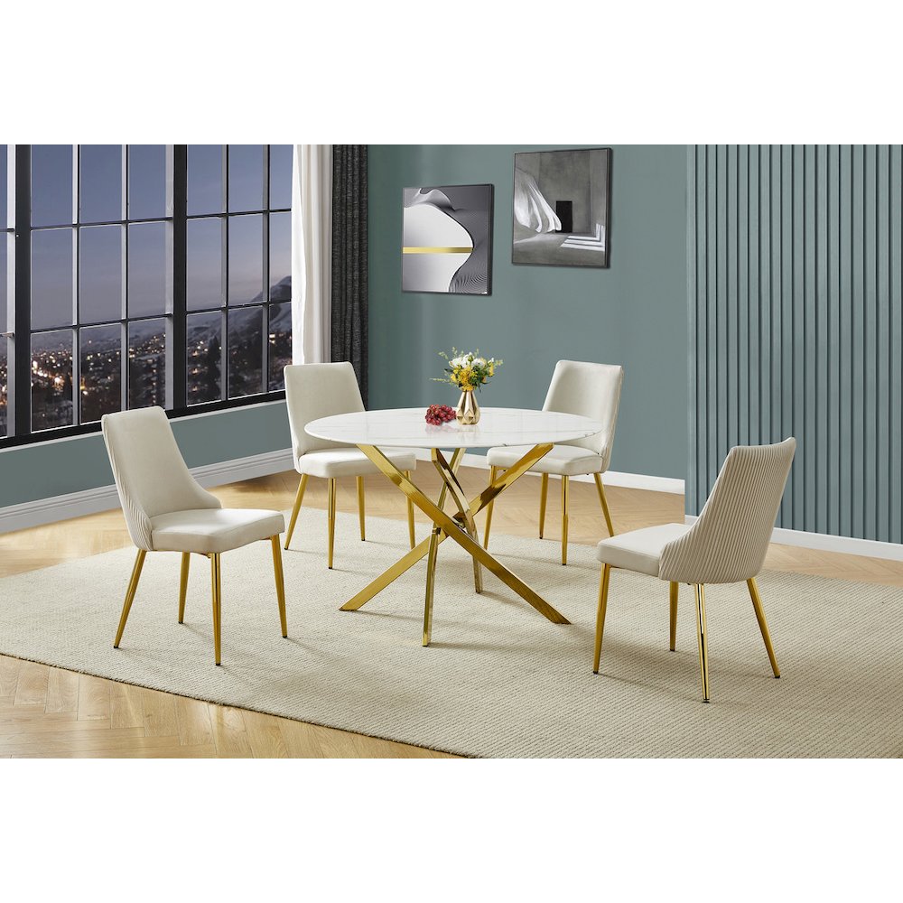 5Pc Round Marble Wrap Tempered Glass Dining Set With 4 Cream Side Chairs
