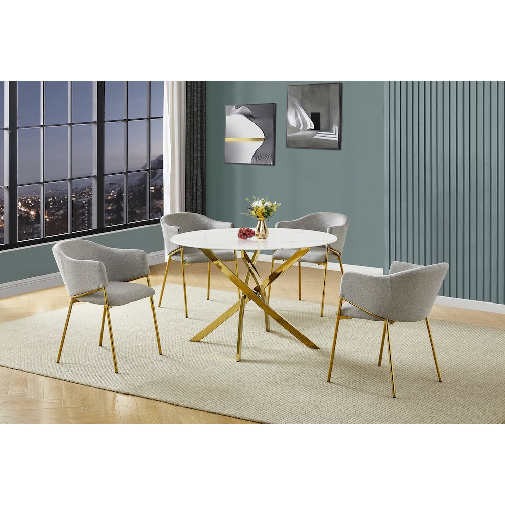 Round Marble Wrap Tempered Glass Dining Table With 4 Linen Gray Side Chairs