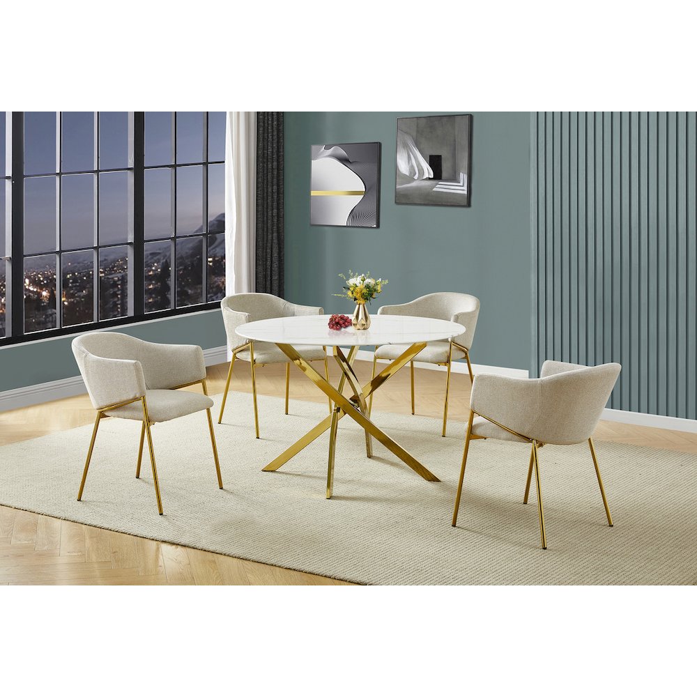 Round Marble Wrap Tempered Glass Dining Table With 4 Linen Beige Side Chairs