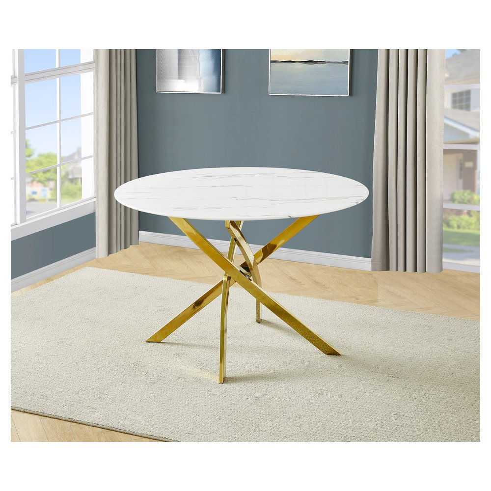 Round Marble Wrap Tempered Glass Dining Table With Gold Base