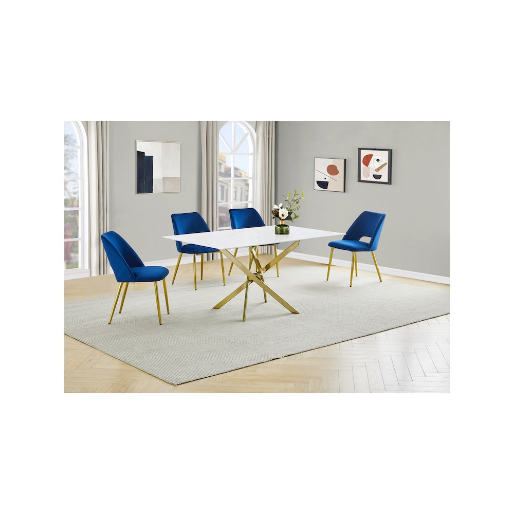 Best Quality Furniture Glass With White Marble Wrap Dining Set And Navy Chairs