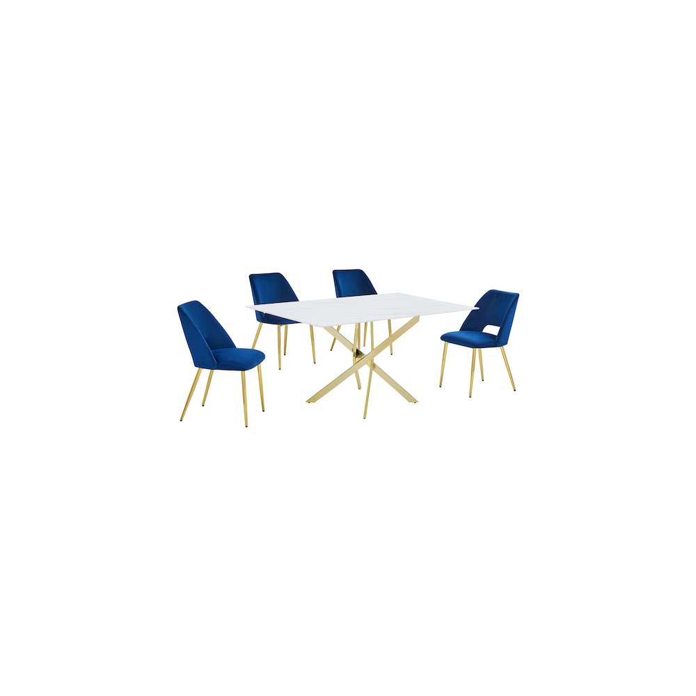 Best Quality Furniture Glass With White Marble Wrap Dining Set And Navy Chairs