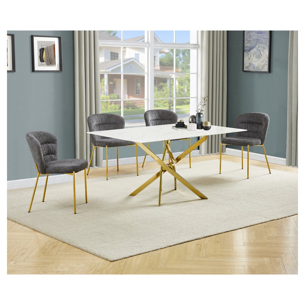 Rectangle Tempered Glass Dining Table With 4 Dark Grey Side Chairs