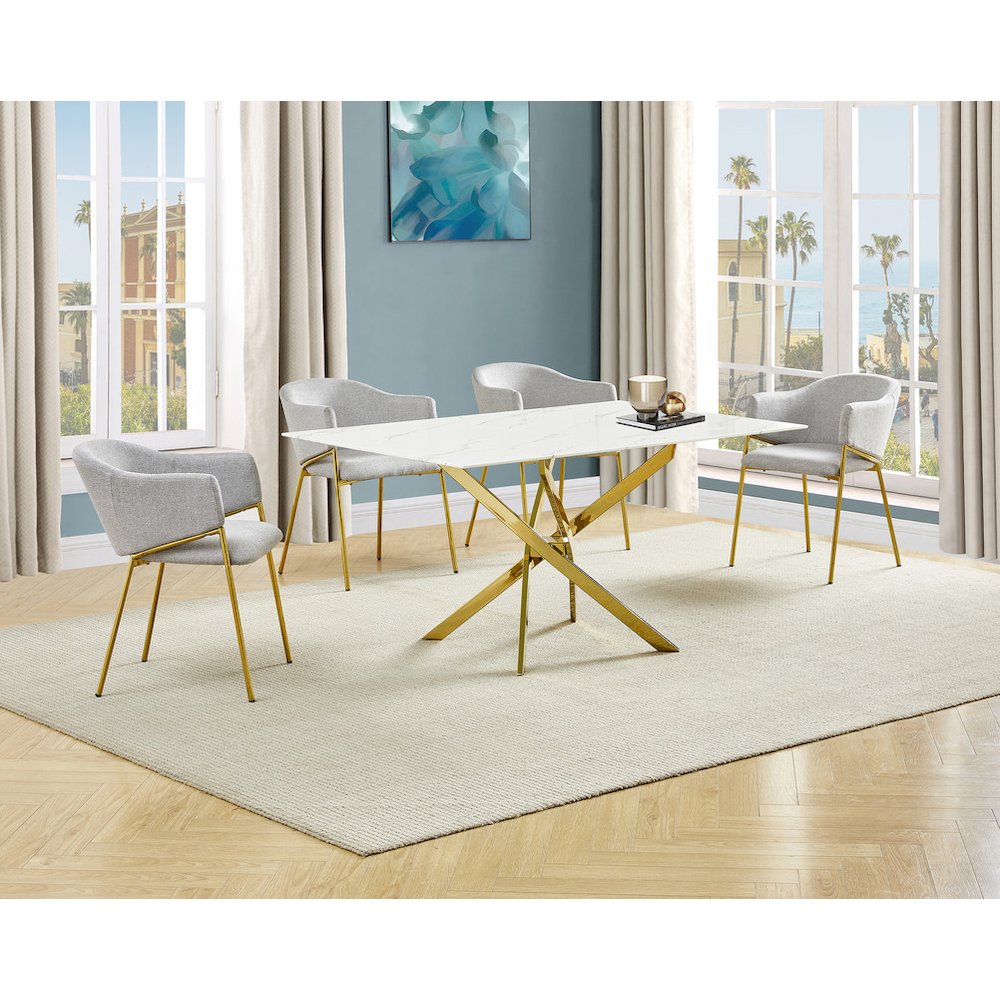 Rectangle Marble Wrap Tempered Glass Dining Table With 4 Linen Gray Side Chairs