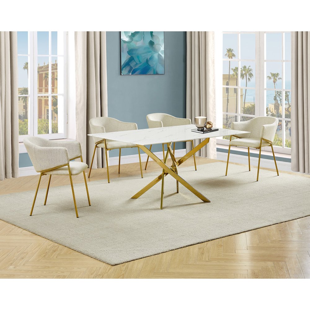 Rectangle Marble Wrap Tempered Glass Dining Table With 4 Linen Beige Side Chairs