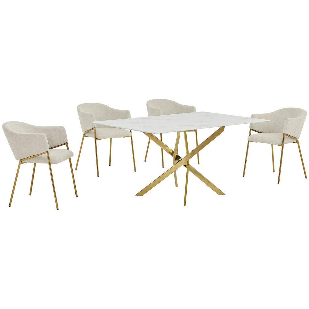 Rectangle Marble Wrap Tempered Glass Dining Table With 4 Linen Beige Side Chairs