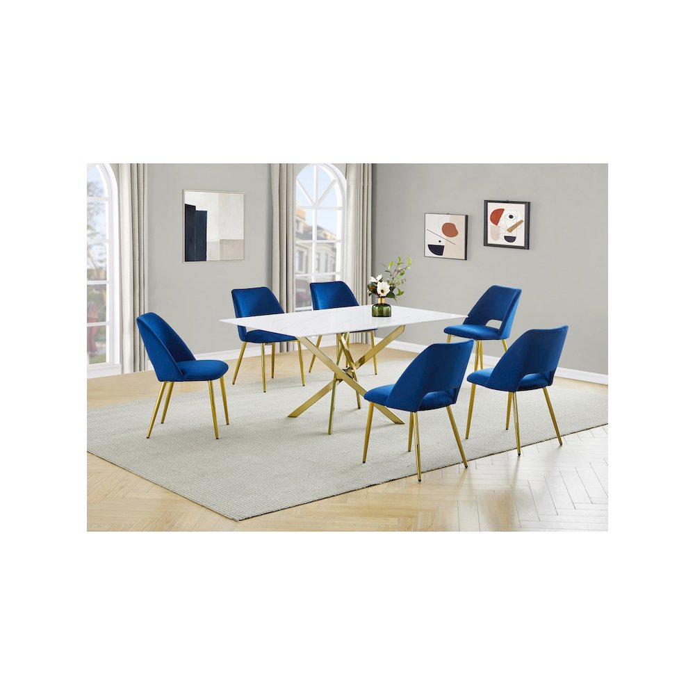 Best Quality Furniture Glass With White Marble Wrap Dining Set And Navy Chairs