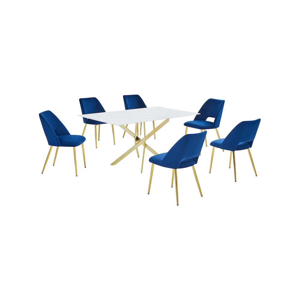 Best Quality Furniture Glass With White Marble Wrap Dining Set And Navy Chairs