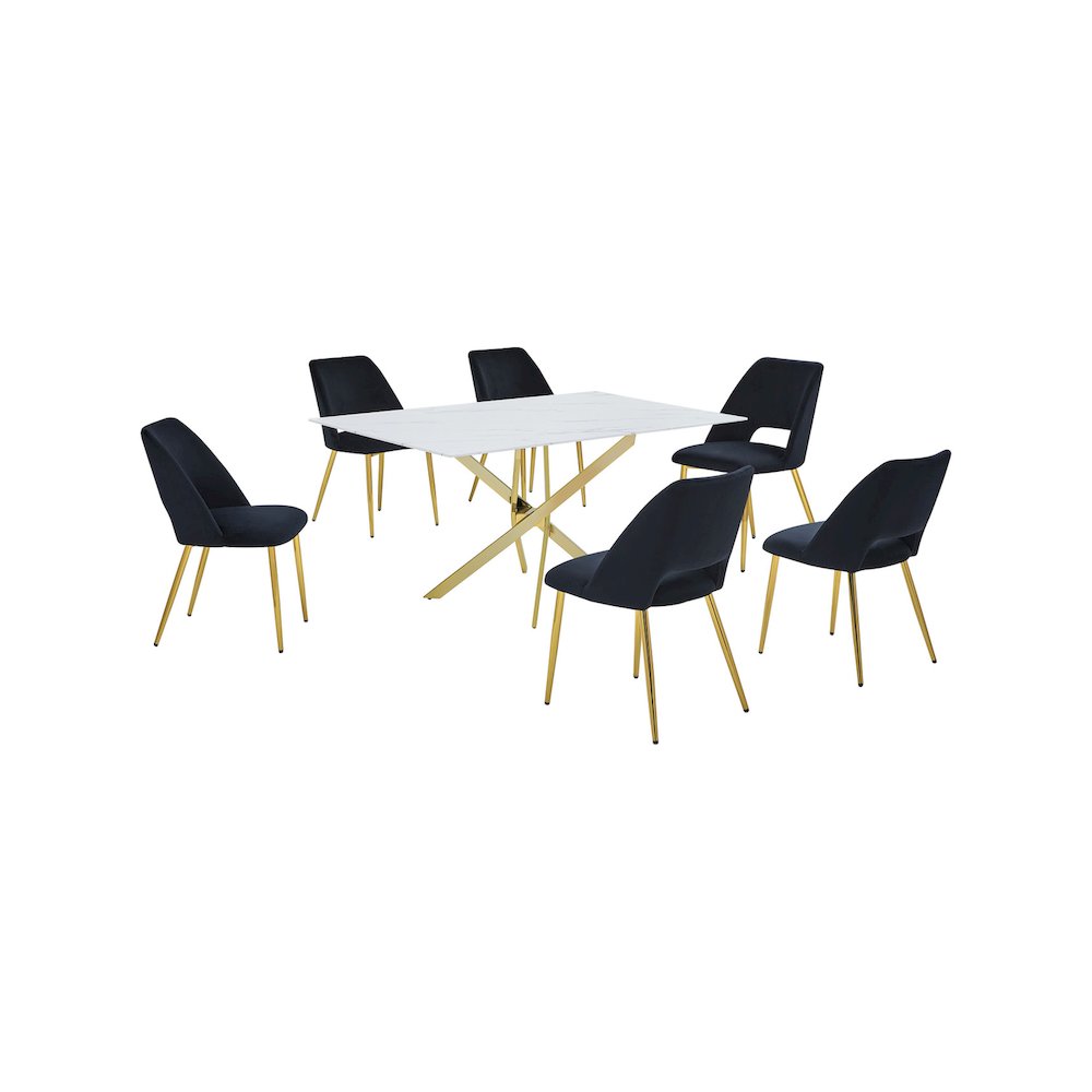 Best Quality Furniture Glass With White Marble Wrap Dining Set And Black Chairs