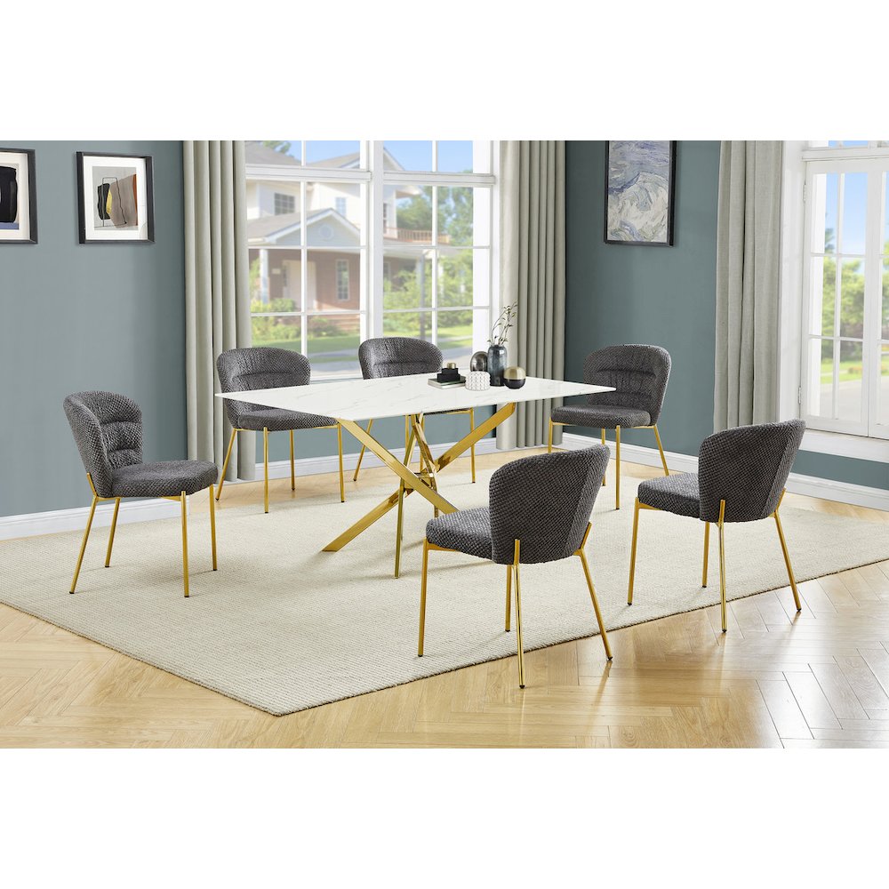 Rectangle Tempered Glass Dining Table With 6 Dark Grey Side Chairs