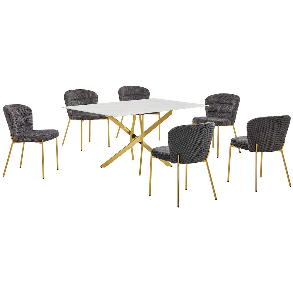 Rectangle Tempered Glass Dining Table With 6 Dark Grey Side Chairs