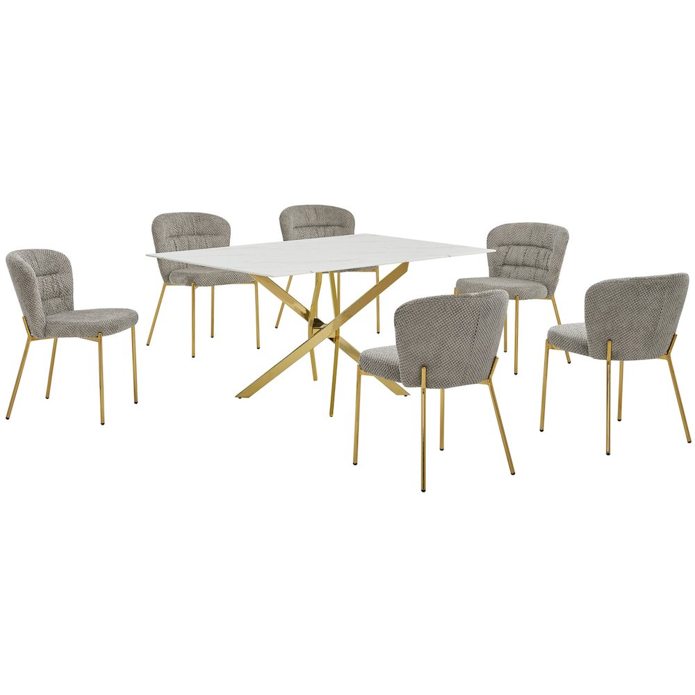 Rectangle Tempered Glass Dining Table With 6 Grey Side Chairs