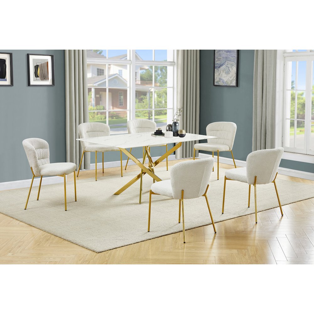 Rectangle Tempered Glass Dining Table With 6 Cream Side Chairs