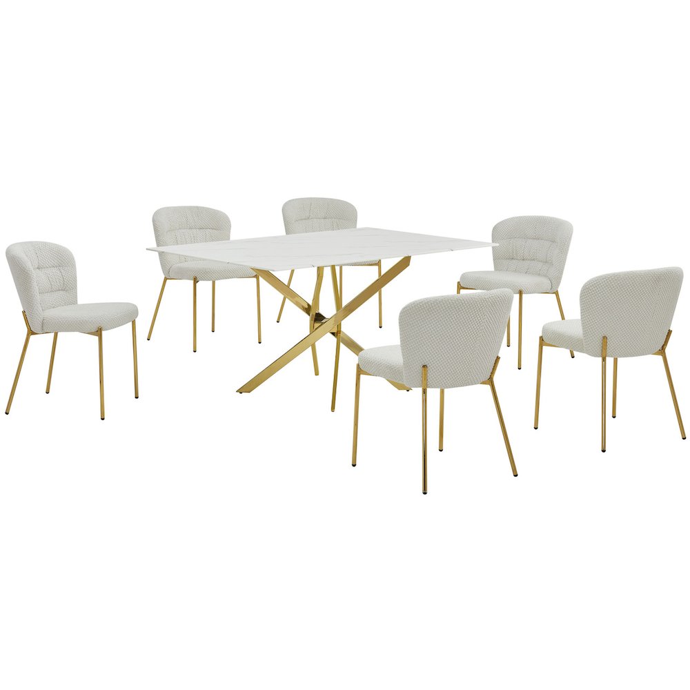 Rectangle Tempered Glass Dining Table With 6 Cream Side Chairs