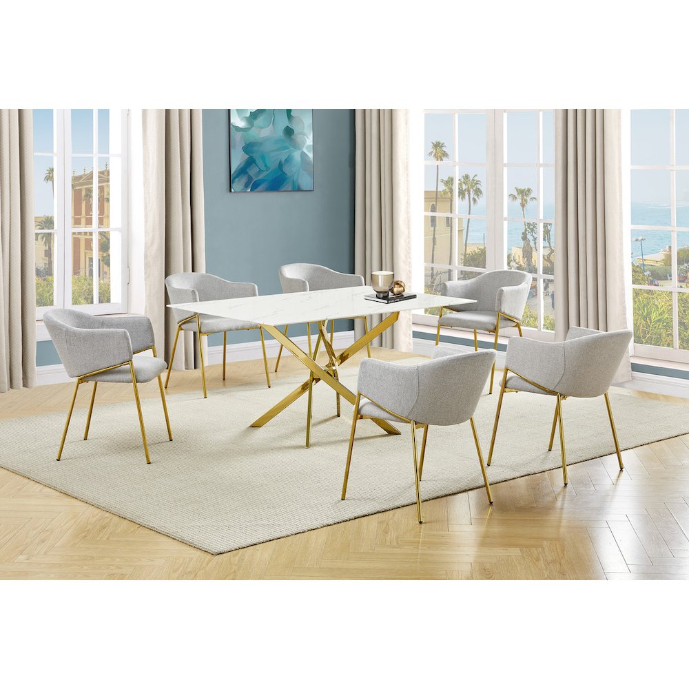 Rectangle Marble Wrap Tempered Glass Dining Table With 6 Linen Gray Side Chairs
