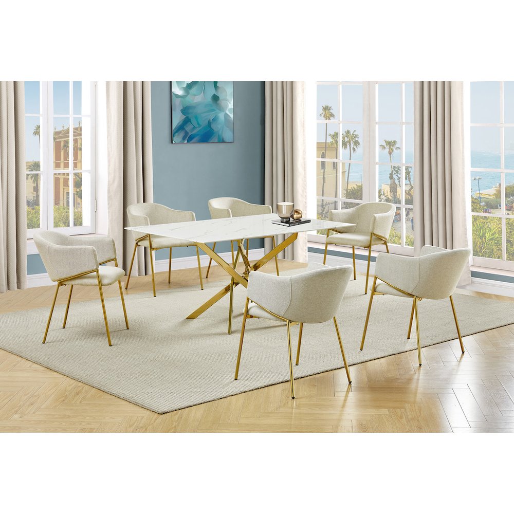 Rectangle Marble Wrap Tempered Glass Dining Table With 6 Linen Beige Side Chairs