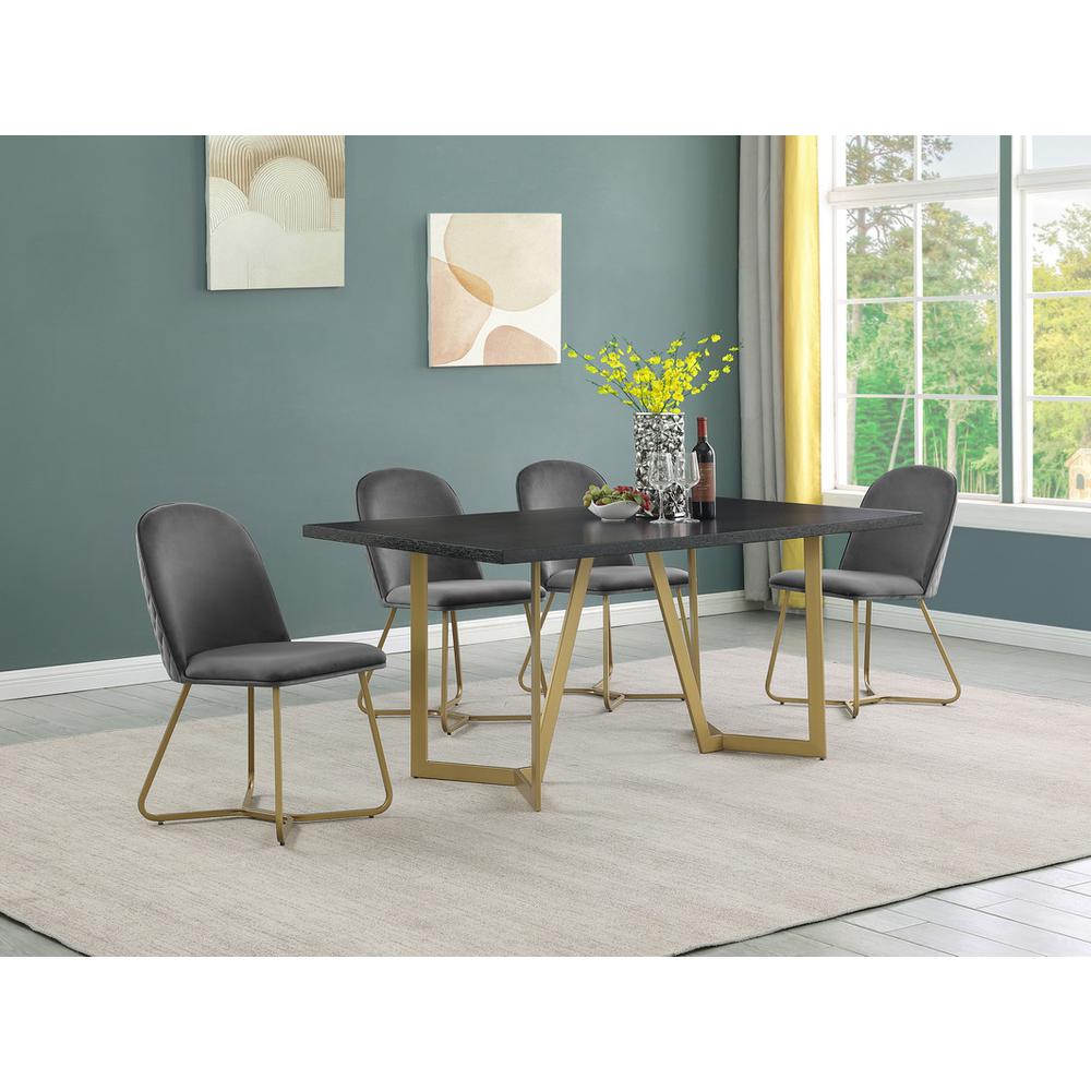 5pc rectangle dining table- Black wood top w/ 4 Dark grey velvet side chairs