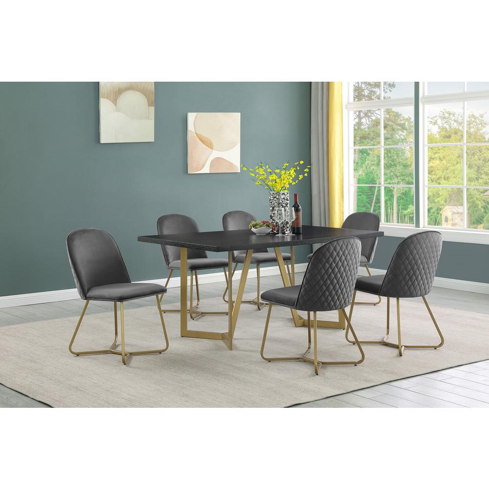 7pc rectangle dining table- Black wood top w/ 6 Dark grey velvet side chairs