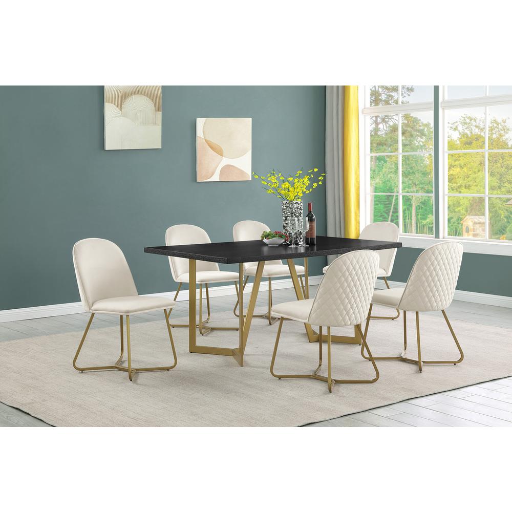 7pc rectangle dining table- Black wood top w/ 6 cream velvet side chairs