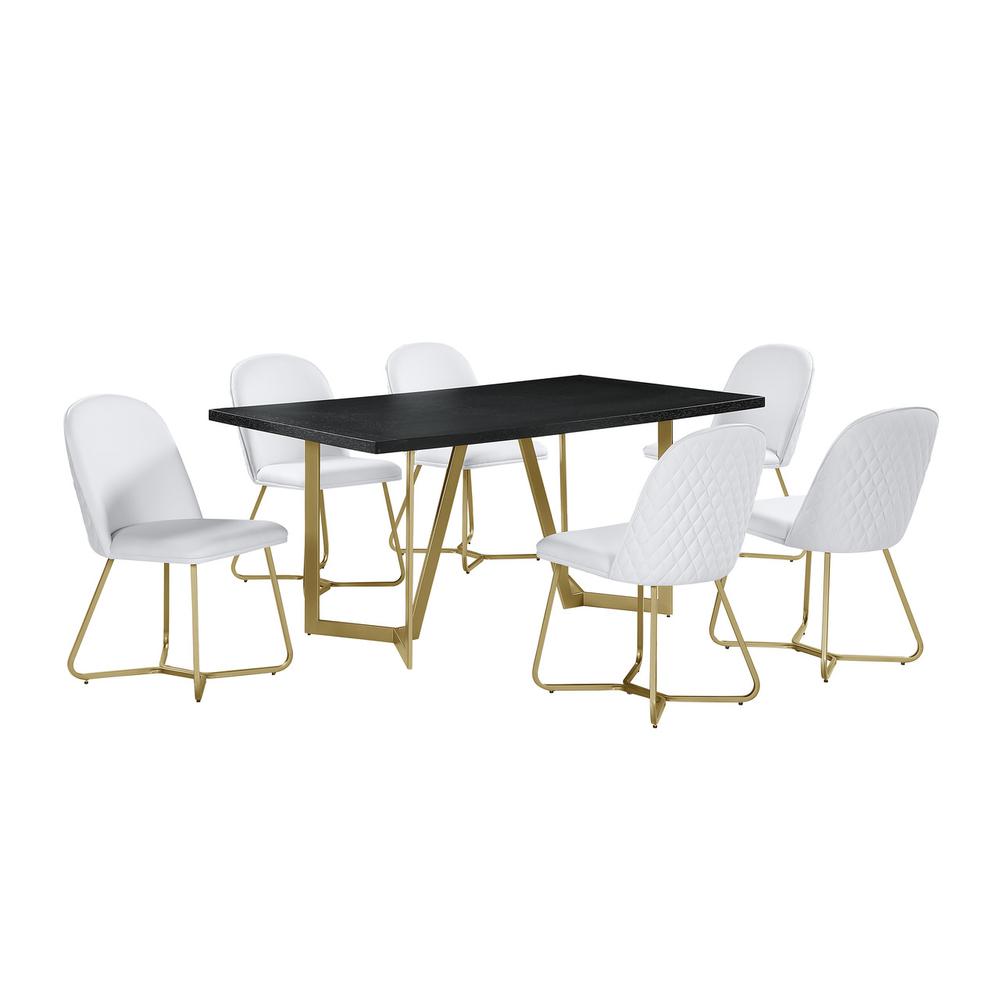 7pc rectangle dining table- Black wood top w/ 6 white faux leather chairs