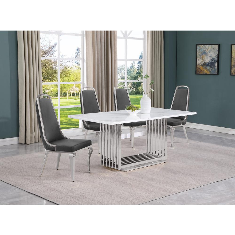 5pc Small(68″) marble top dining set with silver base and 4 Dark grey chairs