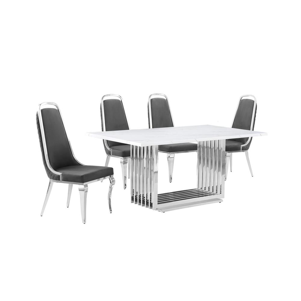 5pc Small(68″) marble top dining set with silver base and 4 Dark grey chairs