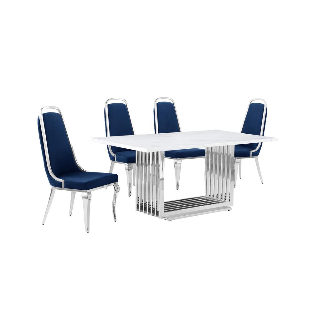 5pc Small(68″) marble top dining set with silver base and 4 Navy Blue chairs