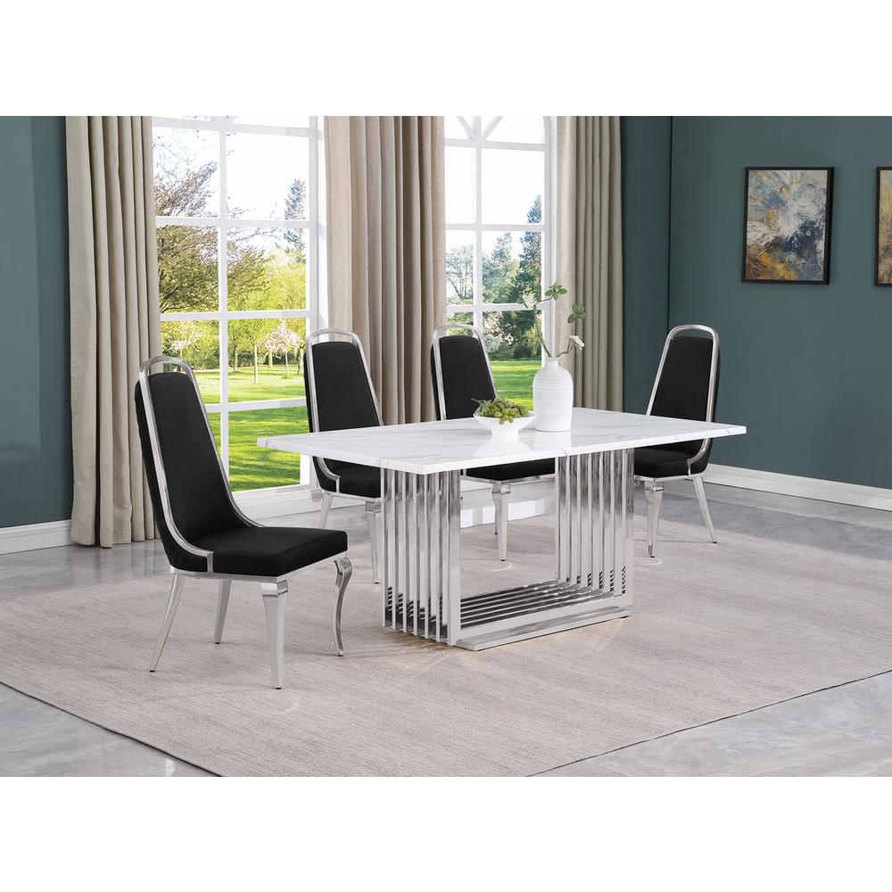 5pc Small(68″) marble top dining set with silver base and 4 Black side chairs