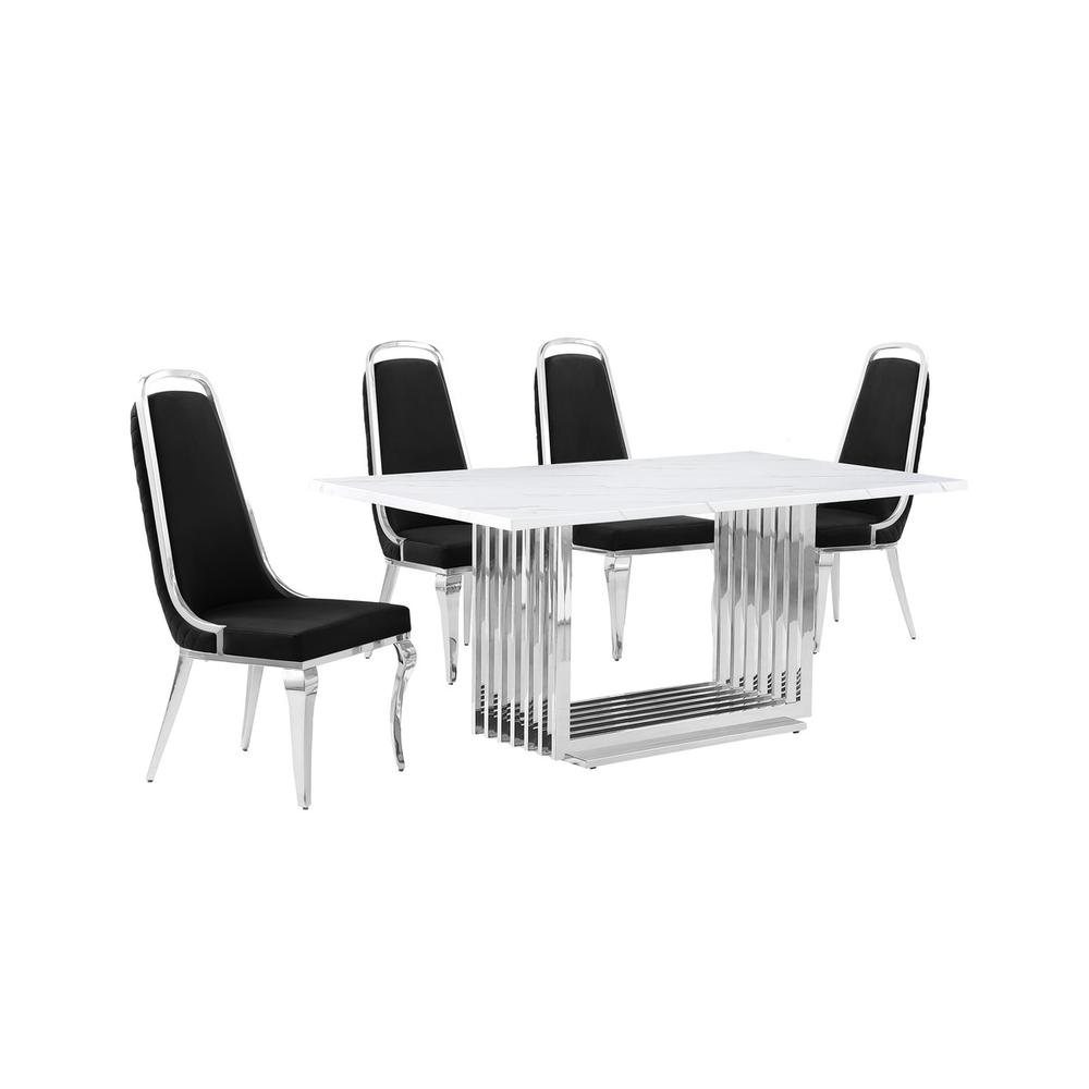 5pc Small(68″) marble top dining set with silver base and 4 Black side chairs
