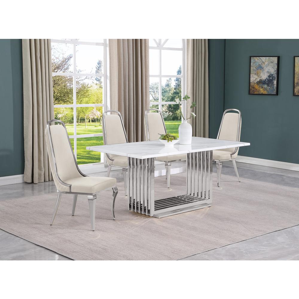 5pc Small(68″) marble top dining set with silver base and 4 Cream side chairs