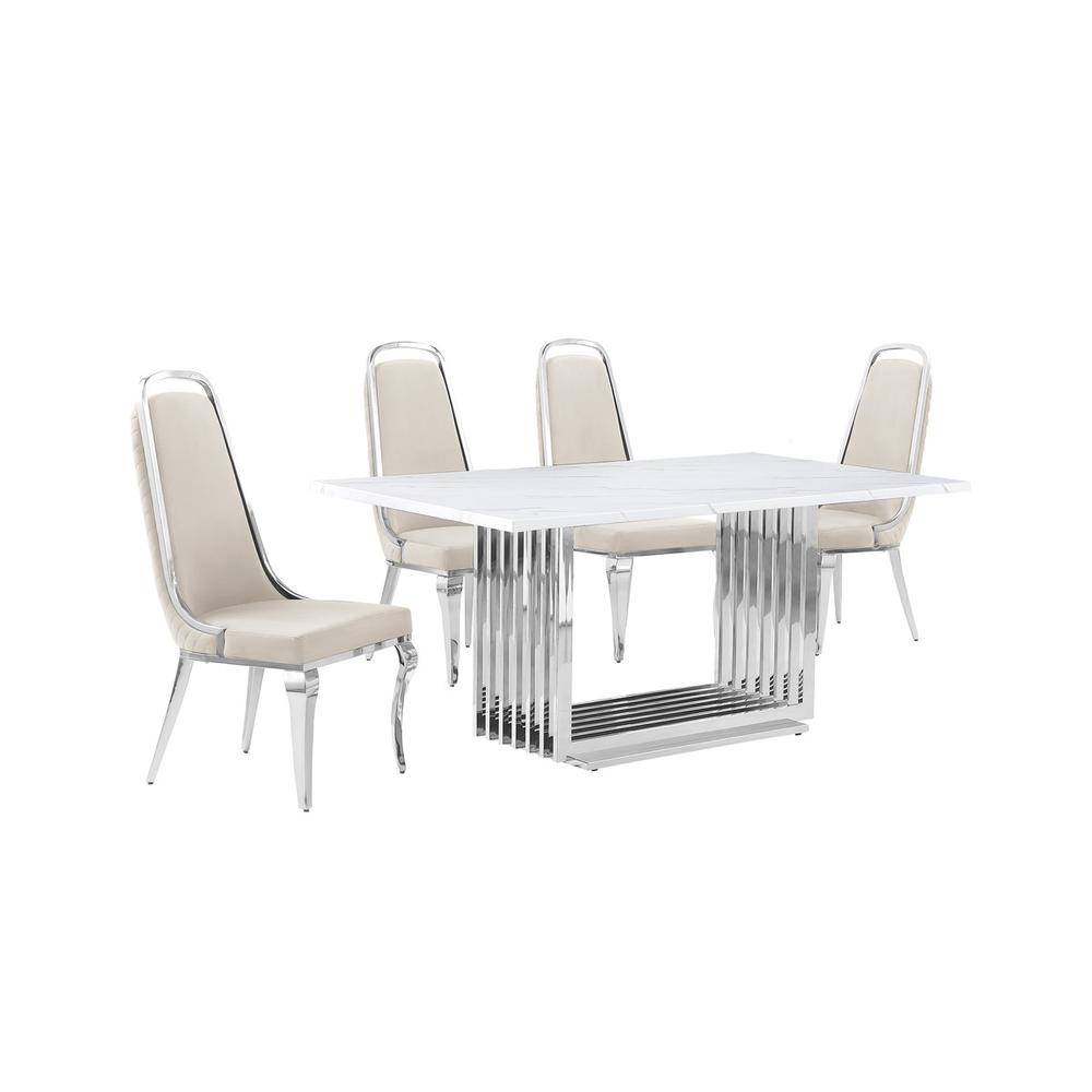 5pc Small(68″) marble top dining set with silver base and 4 Cream side chairs