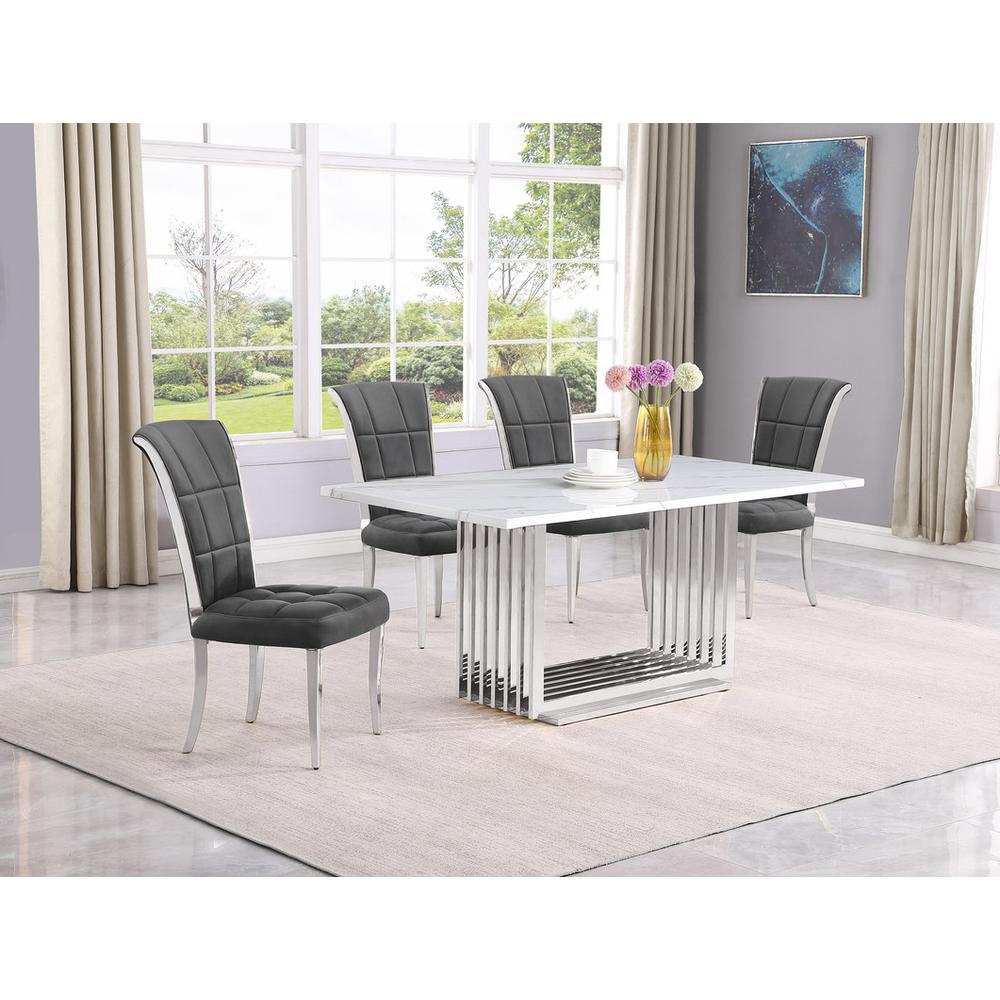 5pc Small(68″) marble top dining set with silver base and 4 Dark grey chairs