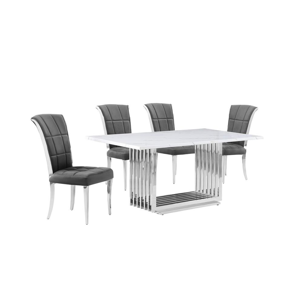 5pc Small(68″) marble top dining set with silver base and 4 Dark grey chairs