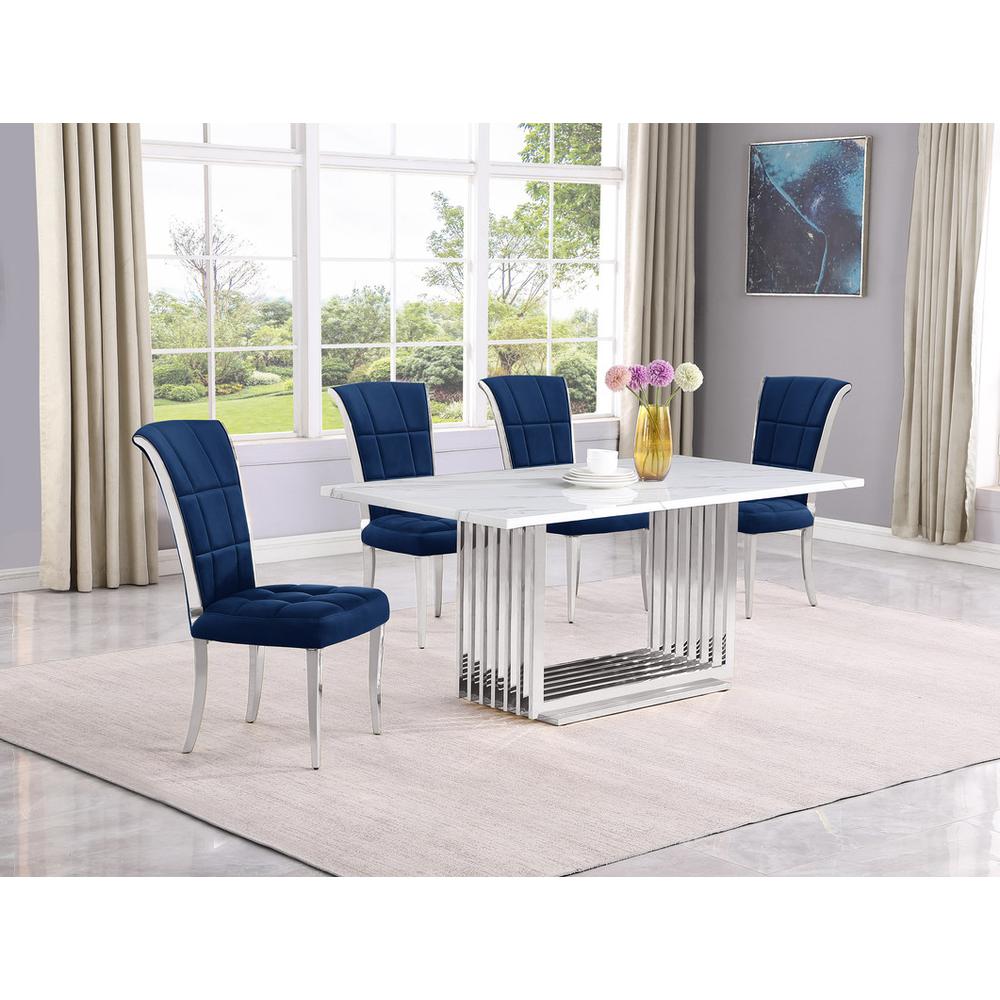 5pc Small(68″) marble top dining set with silver base and 4 Navy Blue chairs