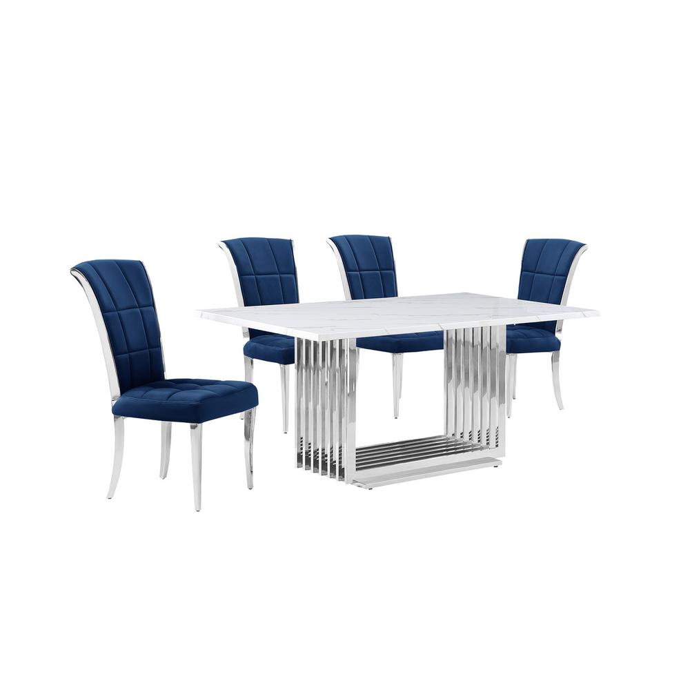 5pc Small(68″) marble top dining set with silver base and 4 Navy Blue chairs